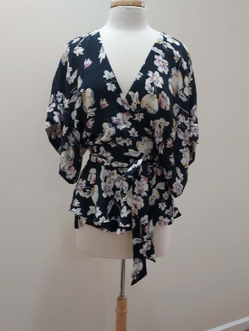 Yumi Kim Black Floral Wrap Peplum Top